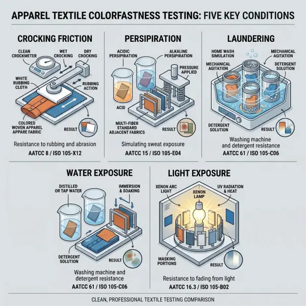 Perbandingan kondisi pengujian colorfastness kain terhadap pencucian, keringat, gosokan, air dan cahaya