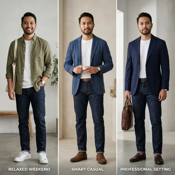Satu outfit dasar yang diubah menjadi tampilan kasual dan semi-formal melalui layering dan aksesori