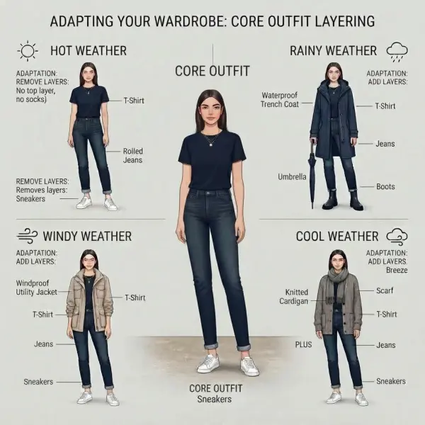Wardrobe system adapting clothing combinations for heat rain wind and cooler conditions Wardrobe system adapting clothing combinations for heat rain wind and cooler conditions