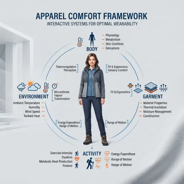 Clothing comfort framework showing interaction between body garment activity and environment Clothing comfort framework showing interaction between body garment activity and environment