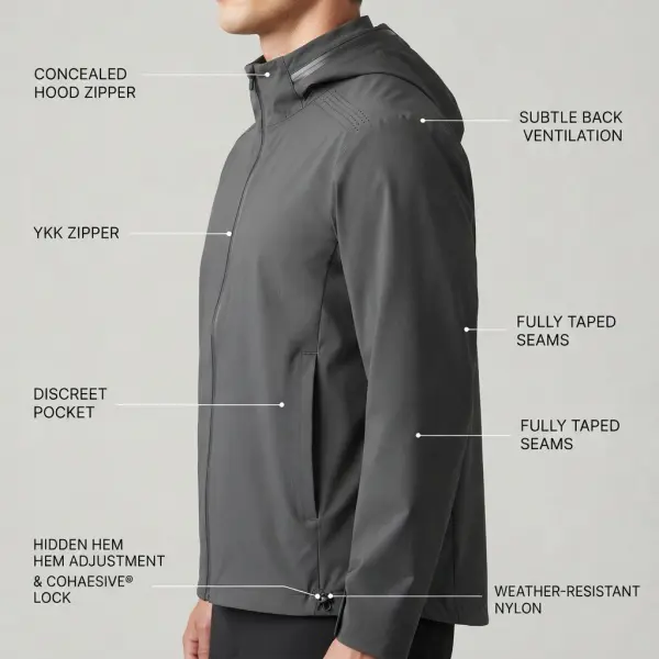 Refined functional details integrated into a minimalist lightweight jacket Refined functional details integrated into a minimalist lightweight jacket
