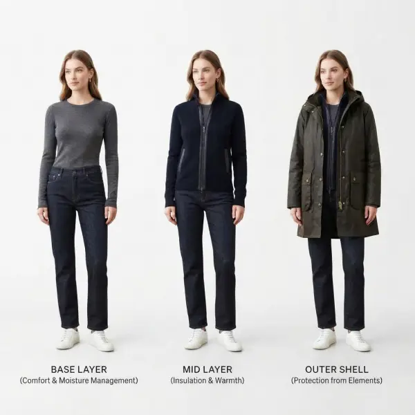 Everyday weather-ready clothing layering system with base mid and outer layers Everyday weather-ready clothing layering system with base mid and outer layers