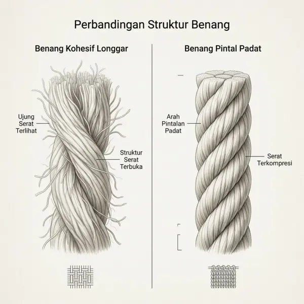 Detail struktur benang dan permukaan kain yang menunjukkan hubungan konstruksi tekstil dengan pilling Detail struktur benang dan permukaan kain yang menunjukkan hubungan konstruksi tekstil dengan pilling