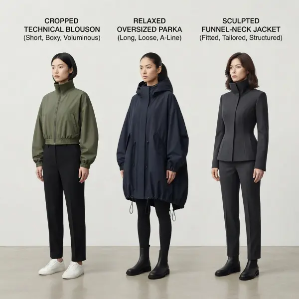 Comparison of cropped blouson oversized parka and funnel-neck lightweight outerwear silhouettes Comparison of cropped blouson oversized parka and funnel-neck lightweight outerwear silhouettes