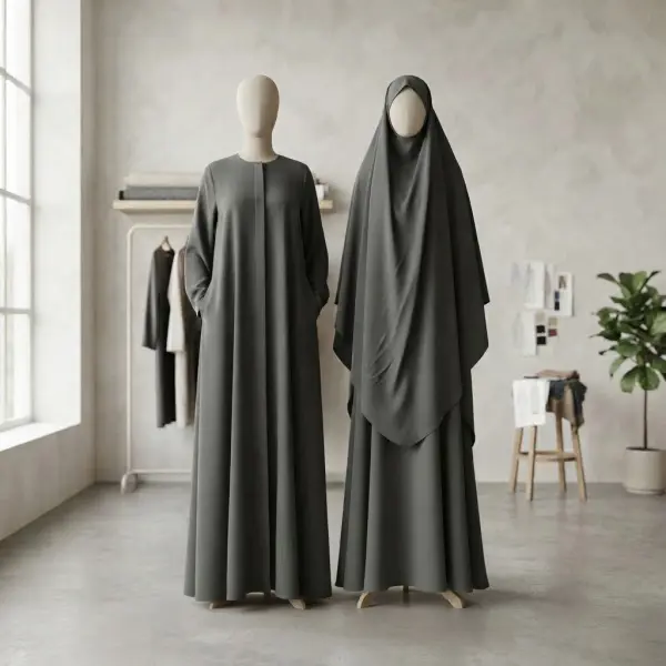 Koleksi busana muslim berupa abaya dan khimar menggunakan material dengan karakter flowy