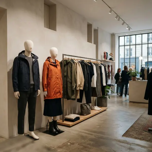 Modern fashion retail display featuring stylish lightweight technical outerwear Modern fashion retail display featuring stylish lightweight technical outerwear