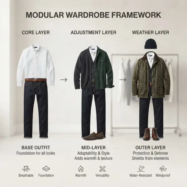 Modular wardrobe showing core adjustment and weather layers for adaptable dressing Modular wardrobe showing core adjustment and weather layers for adaptable dressing
