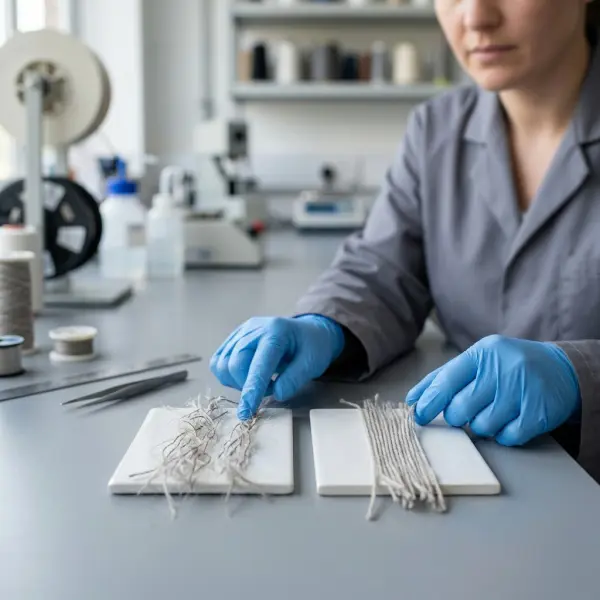 Pemeriksaan panjang dan kualitas serat benang menggunakan alat pembesar di laboratorium tekstil Pemeriksaan panjang dan kualitas serat benang menggunakan alat pembesar di laboratorium tekstil