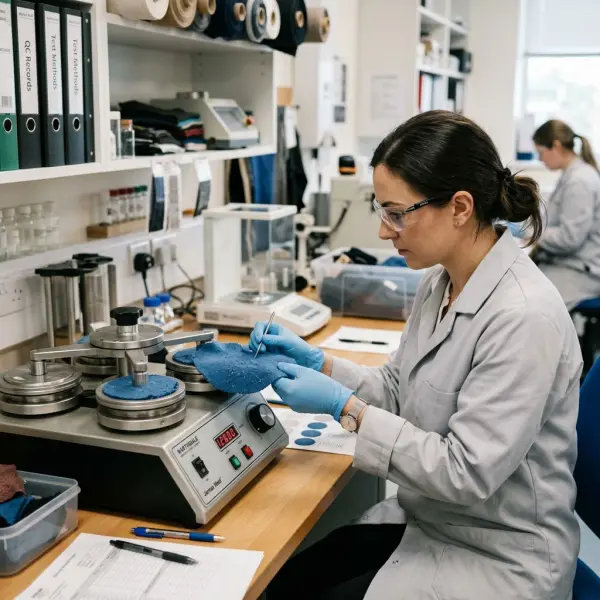 Pengujian ketahanan pilling pada sampel kain di laboratorium tekstil Pengujian ketahanan pilling pada sampel kain di laboratorium tekstil
