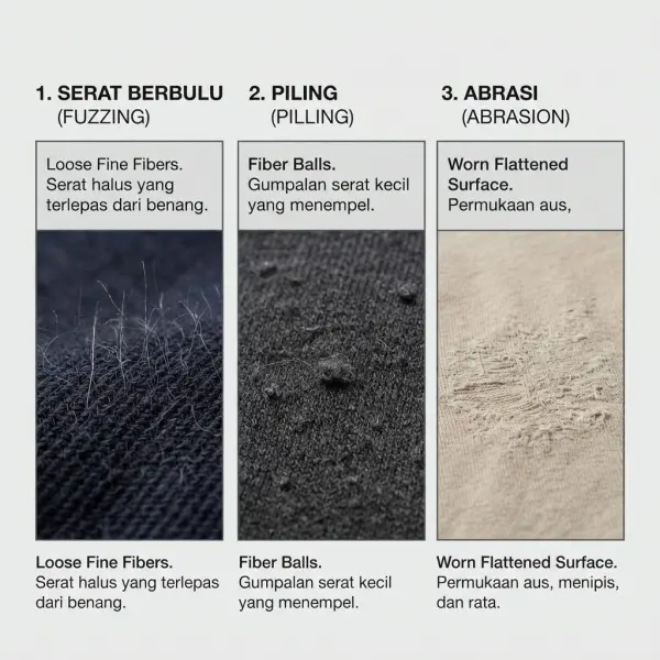 Perbandingan visual fuzzing, pilling, dan abrasi pada permukaan kain tekstil Perbandingan visual fuzzing, pilling, dan abrasi pada permukaan kain tekstil