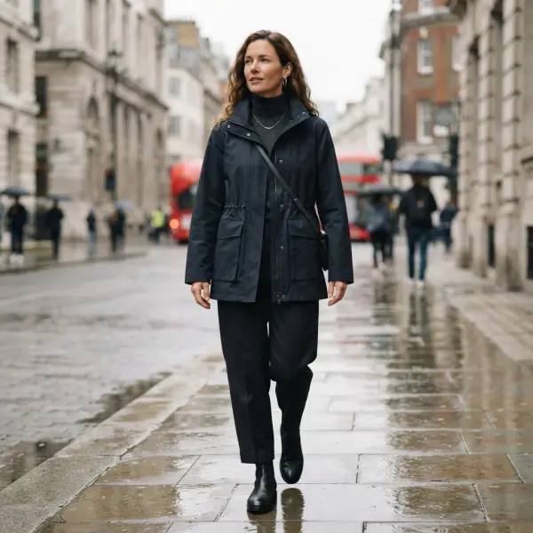 Stylish lightweight rain jacket worn as part of an everyday urban fashion outfit Stylish lightweight rain jacket worn as part of an everyday urban fashion outfit
