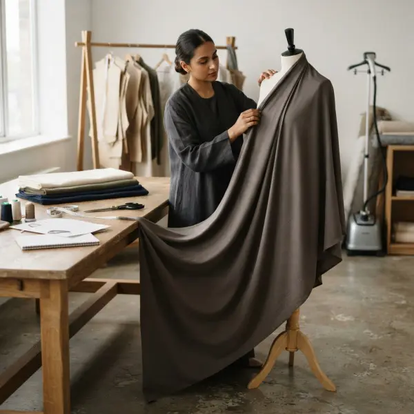 Pengujian daya jatuh kain Maheen Anti UV untuk desain khimar panjang Pengujian daya jatuh kain Maheen Anti UV untuk desain khimar panjang