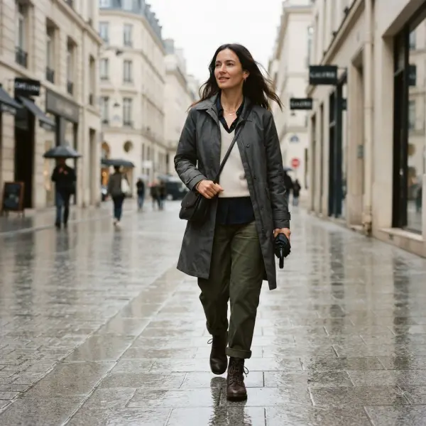 Person wearing practical weather-ready fashion for everyday urban dressing Person wearing practical weather-ready fashion for everyday urban dressing
