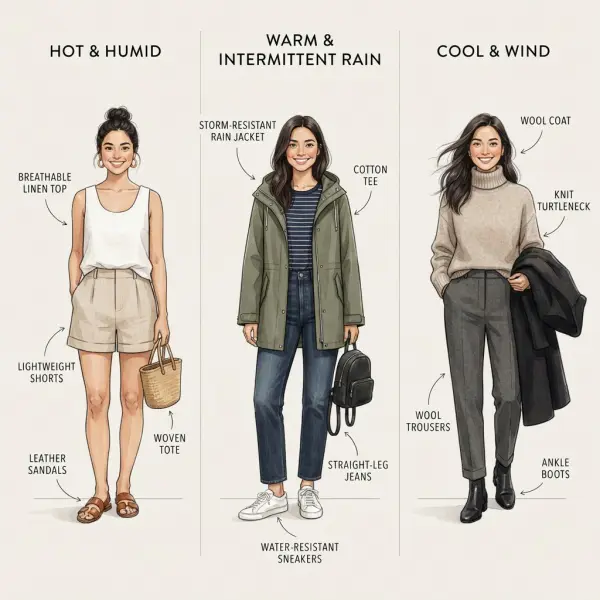 Weather-ready wardrobe examples for hot humid rainy and cool windy conditions Weather-ready wardrobe examples for hot humid rainy and cool windy conditions