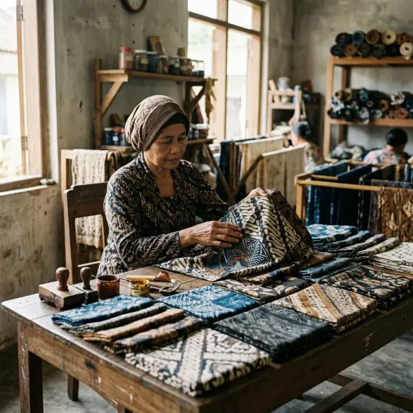 Koleksi kain batik kontemporer yang memperlihatkan interpretasi motif tradisional dalam desain tekstil modern