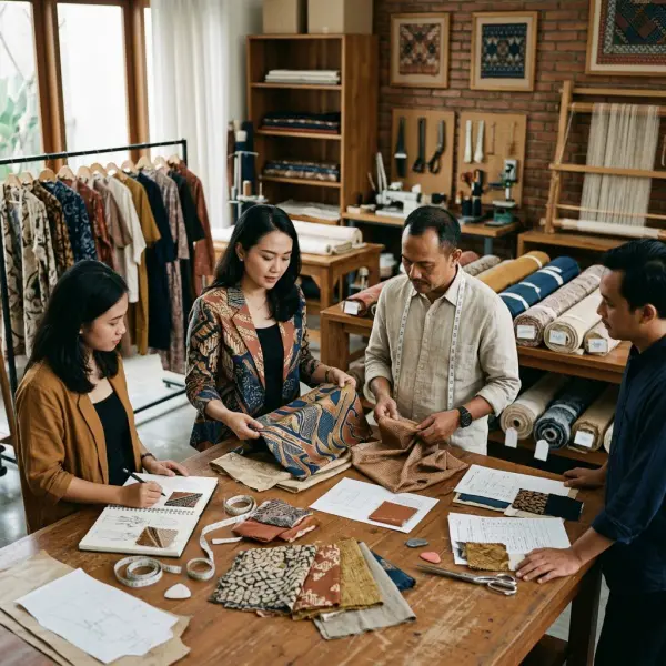 Tim fashion mengevaluasi karakter kain, teknik pengerjaan, sampel motif, dan kelayakan produksi batik kontemporer