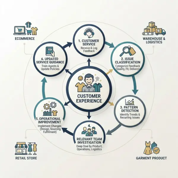 Fashion customer service feedback loop connecting customer inquiries with ecommerce, product, warehouse and retail teams