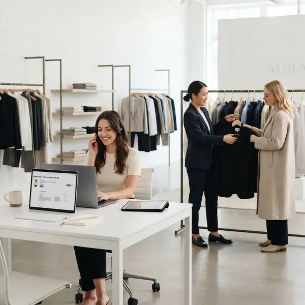 Fashion customer service representative assisting an online shopper while retail staff help customers in a clothing store