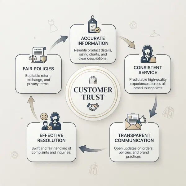 Framework showing how accuracy, consistency, transparency, fairness and problem resolution build customer trust in fashion brands