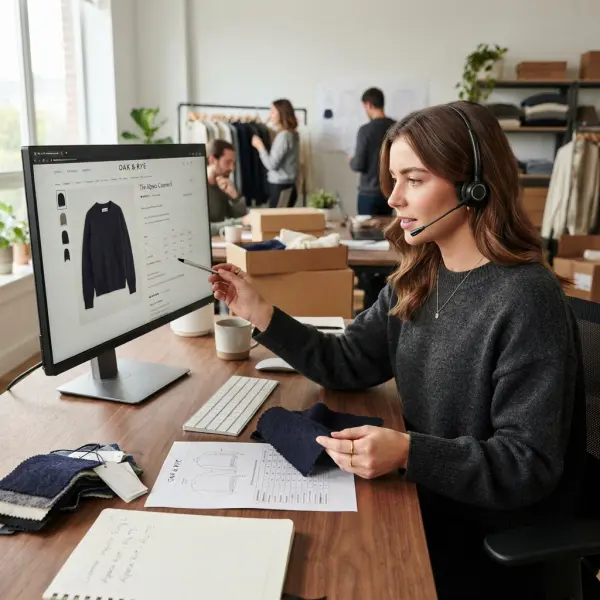 Fashion customer support representative reviewing garment measurements and size information for an online shopper