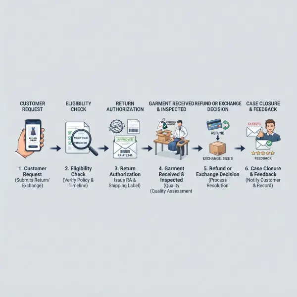 Fashion ecommerce return and exchange workflow from customer request to inspection and refund or exchange