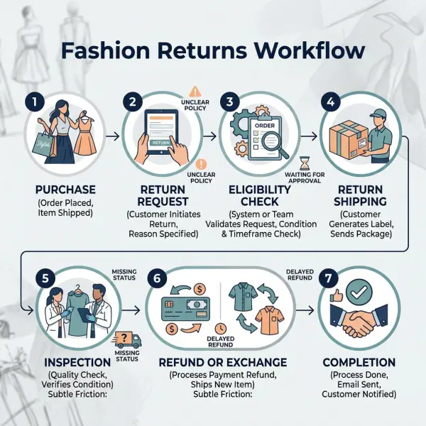Fashion ecommerce returns workflow highlighting customer service friction points