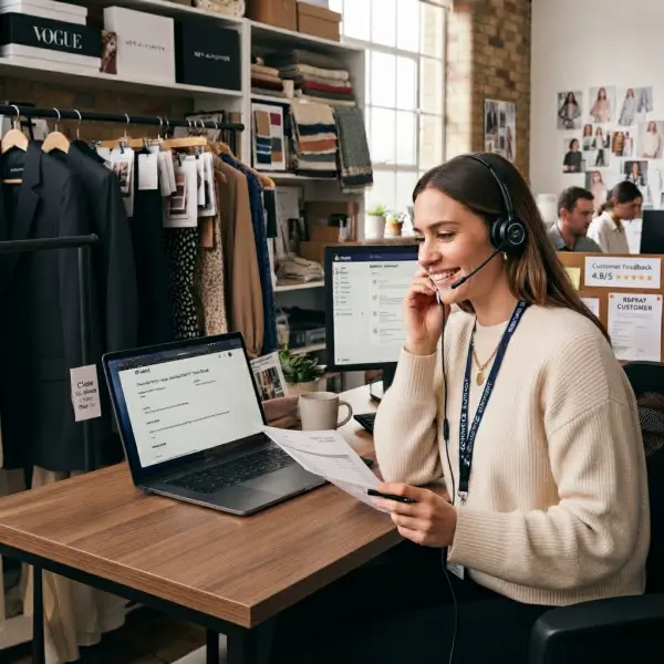 Fashion customer service representative helping an online shopper while positive customer feedback and repeat purchase behavior are reviewed