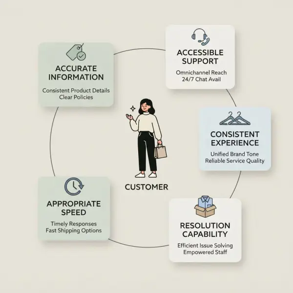 Framework showing accuracy, accessibility, consistency, resolution capability and speed in fashion customer service