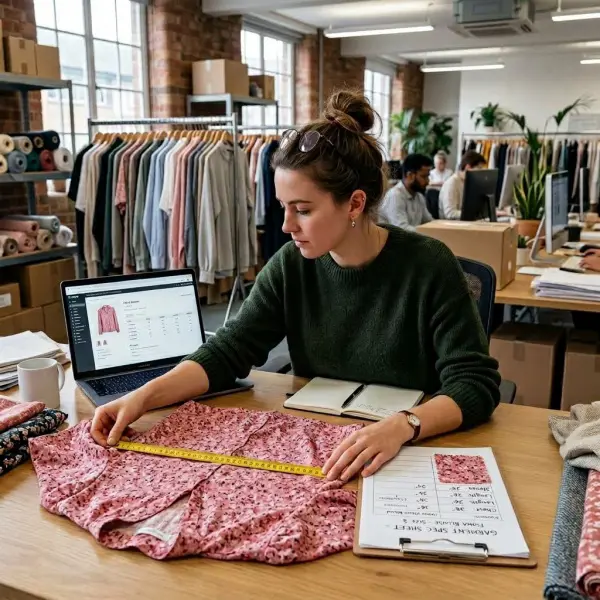Fashion customer support specialist comparing garment measurements, fabric and size information