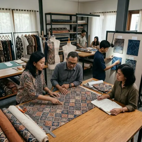 Proses evaluasi desain batik kontemporer dengan perhatian pada penempatan motif, kapasitas produksi, dan konsistensi hasil