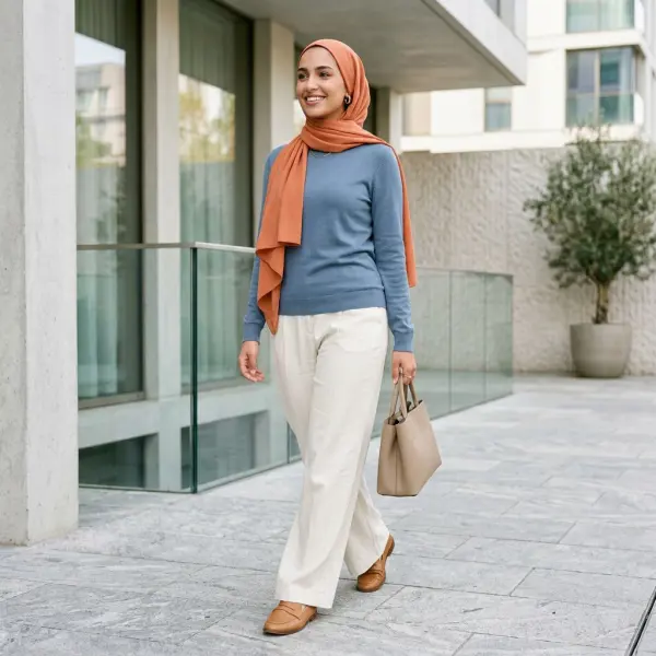 Contoh outfit hijab dengan kombinasi warna biru dan oranye lembut Contoh outfit hijab dengan kombinasi warna biru dan oranye lembut
