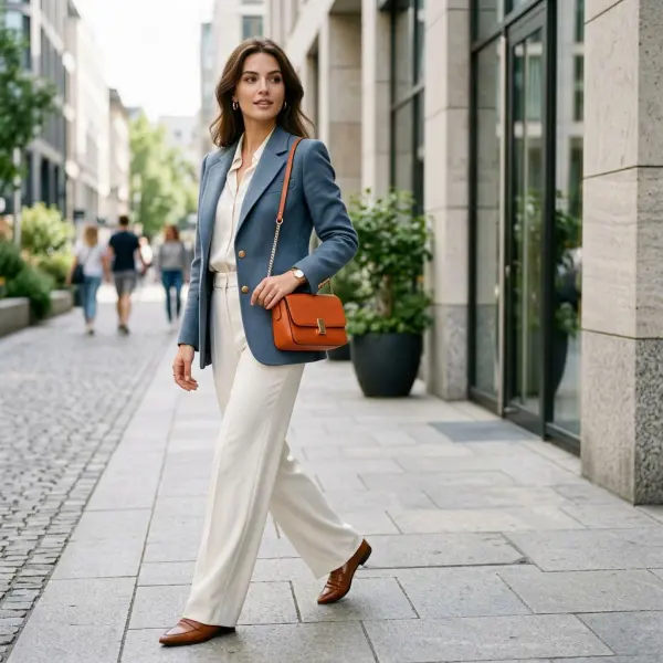 Contoh perpaduan warna komplementer biru dan oranye pada outfit