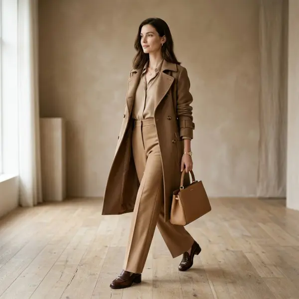 Contoh outfit monokromatik dengan variasi warna beige dan cokelat Contoh outfit monokromatik dengan variasi warna beige dan cokelat