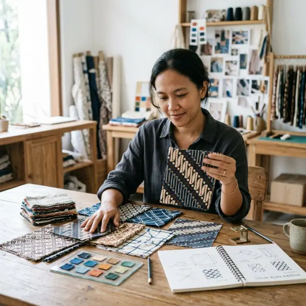 Desainer fashion Indonesia mengeksplorasi motif batik kontemporer pada lembar kain di studio tekstil