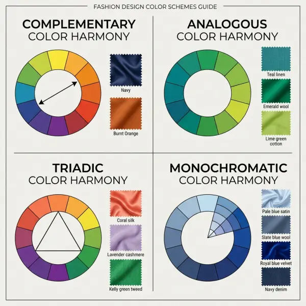 Ilustrasi prinsip kombinasi warna komplementer analog triadik dan monokromatik pada fashion Ilustrasi prinsip kombinasi warna komplementer analog triadik dan monokromatik pada fashion