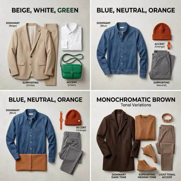 Visual perbandingan proporsi warna dominan pendukung dan aksen pada outfit Visual perbandingan proporsi warna dominan pendukung dan aksen pada outfit