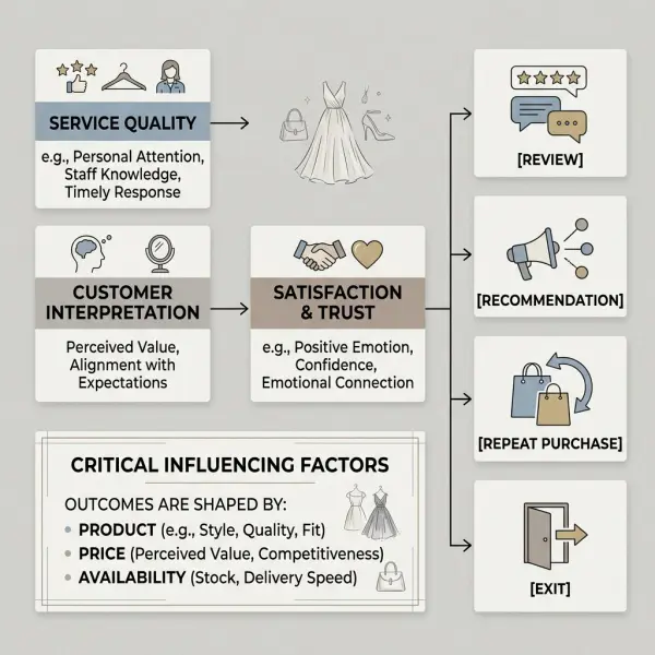 Fashion business framework connecting service quality with satisfaction, trust, reviews and repeat purchase behavior