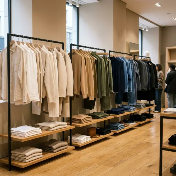 Tampilan retail fashion dengan produk pakaian yang disusun berdasarkan kelompok warna