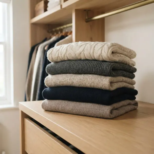 Sweater tebal yang dilipat secara mendatar dan disusun dengan tumpukan rendah Sweater tebal yang dilipat secara mendatar dan disusun dengan tumpukan rendah