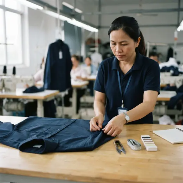 Tim quality control memeriksa pakaian jadi untuk memastikan kualitas sebelum produk dikirim
