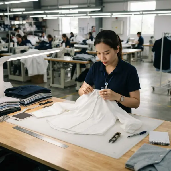 Pemeriksaan cacat pakaian oleh petugas quality control di lini produksi garment