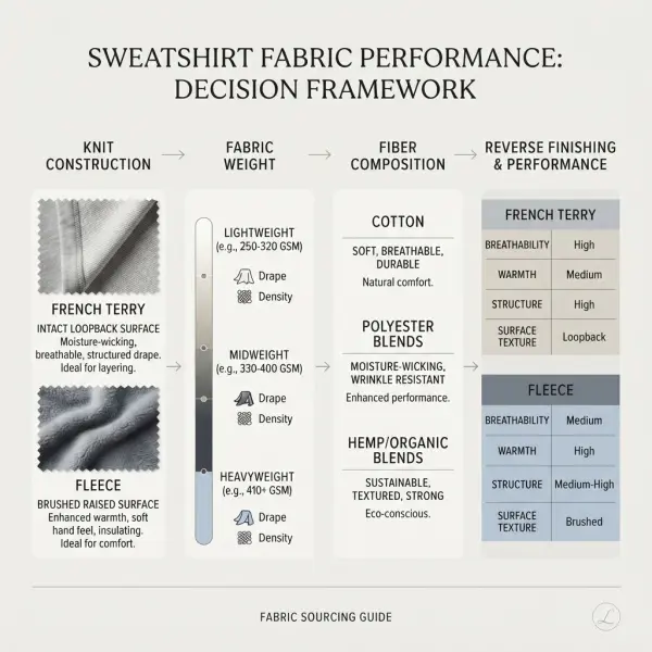 Comparison framework showing how construction, brushing and fabric weight affect French terry and fleece