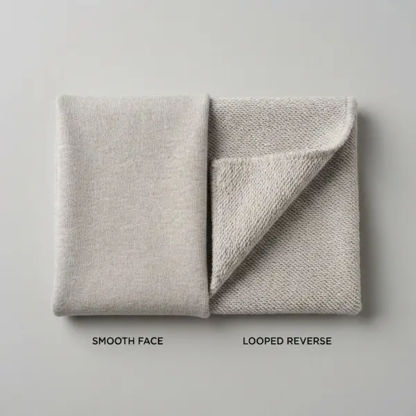 Close-up showing smooth face and looped reverse of French terry fabric