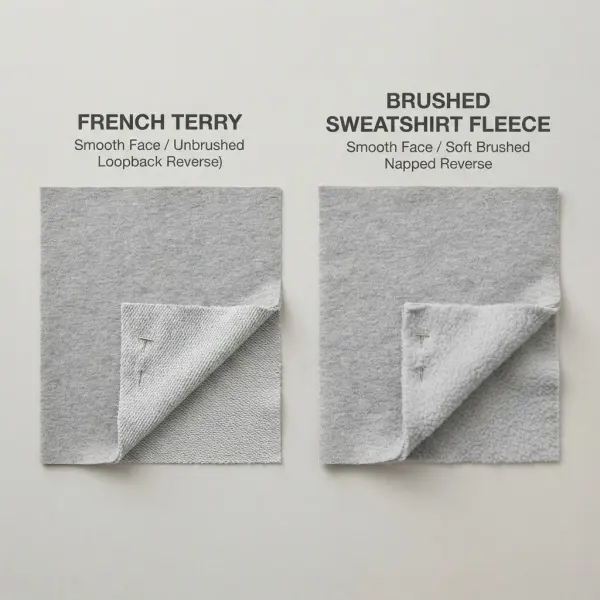 French terry and brushed sweatshirt fleece compared side by side