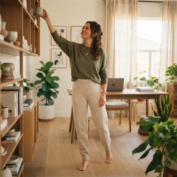 Person moving comfortably in soft knit everyday clothing