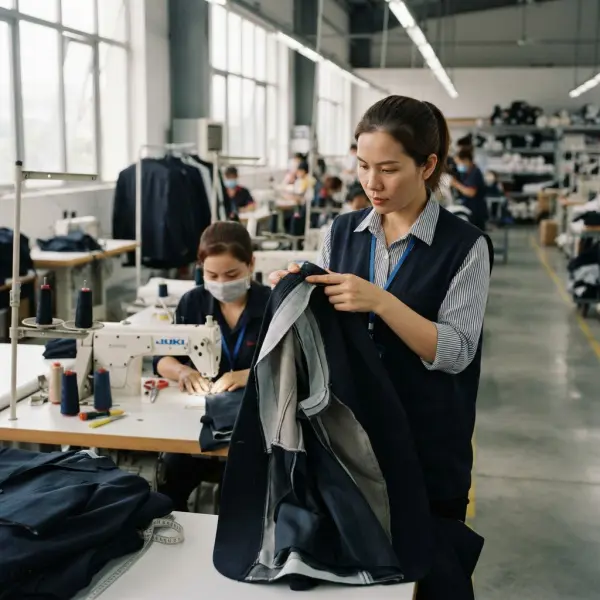 Proses produksi pakaian di pabrik garment dengan operator dan tim quality control yang memeriksa hasil jahitan