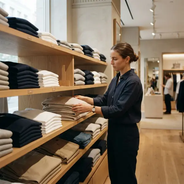 Penataan pakaian terlipat secara rapi pada rak display retail fashion