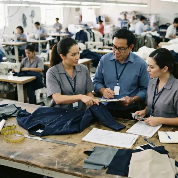 Tim produksi menganalisis penyebab cacat garment menggunakan sampel dan catatan pemeriksaan