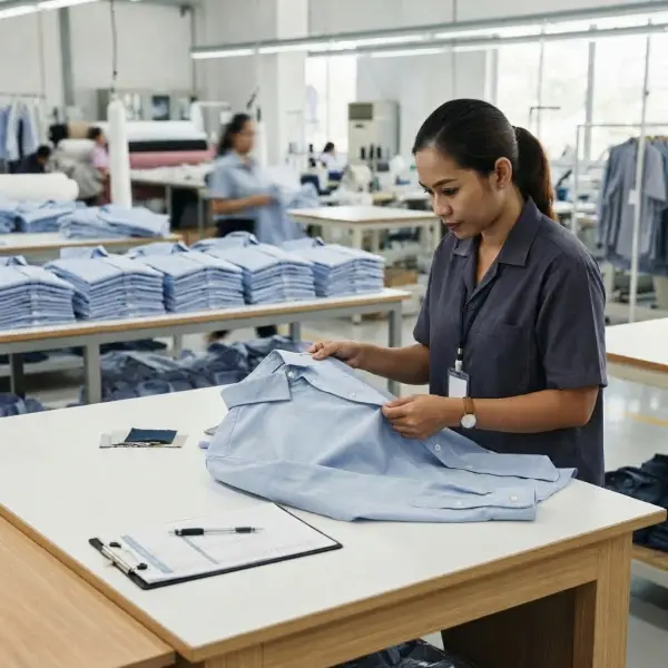 Pemeriksaan kualitas jahitan pada pakaian selama proses sewing