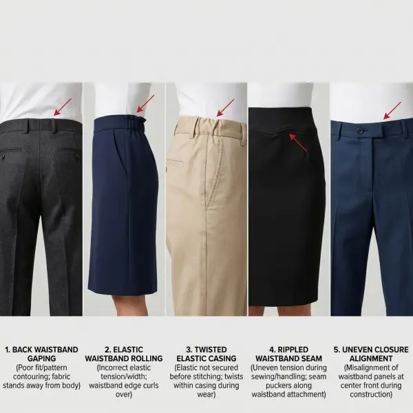 Common waistband problems including gaping, rolling, twisting, puckering, and uneven fit